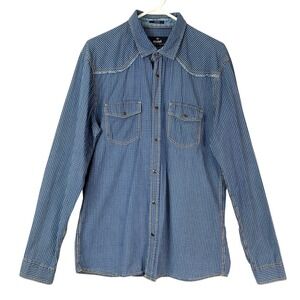 Mavi Blue Grid Western Snap Button Up Shirt Large Collared Long Sleeve Yoke